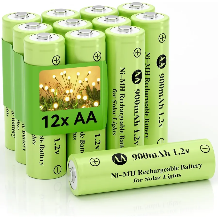 【12pcs】 1.2v AA Ni-MH Rechargeable Battery, Double A 900mAh 1.2V Rechargeable Battery Pre-Charged, High Capacity for Outdoor Solar Lights, Lawn Lamps, String Light (AA Battery Size: 14.5×50.5mm