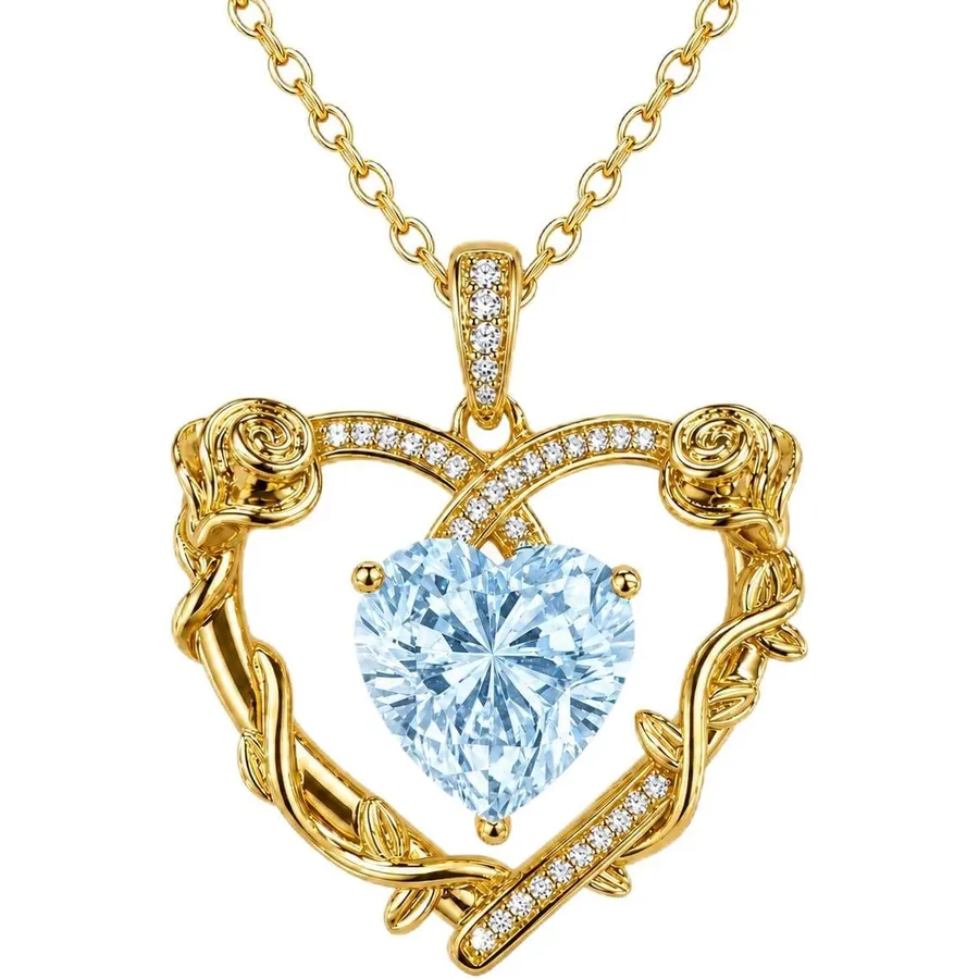 14K Gold Birthstone Necklace for Women Rose Heart Birthstone Pendant