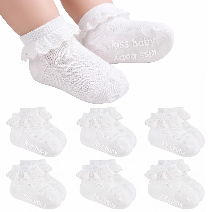 6 Pairs Baby Girl Infant Toddler Ruffle Lace Dress Socks With Grips