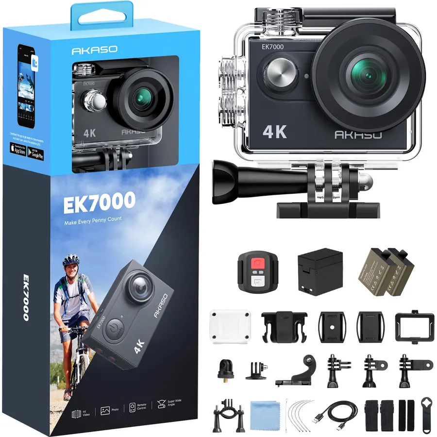 AKASO EK7000 4K30FPS 20MP WiFi Action Camera with EIS Ultra HD 131FT Waterproof Underwater Camera Remote Control 4X Zoom Support External Microphone Black