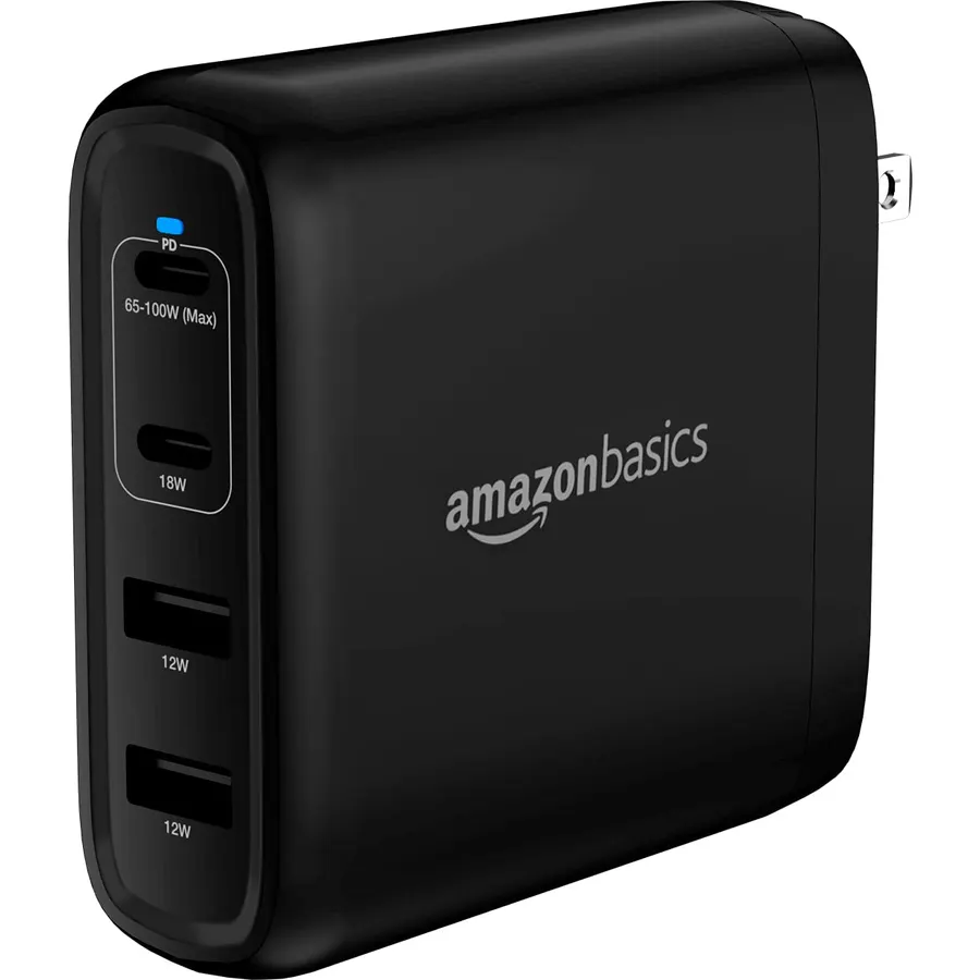 Amazon Basics 100W Four-Port GaN Wall Charger with 2 USB-C (100W, 18W) & 2 USB-A Ports (12W)