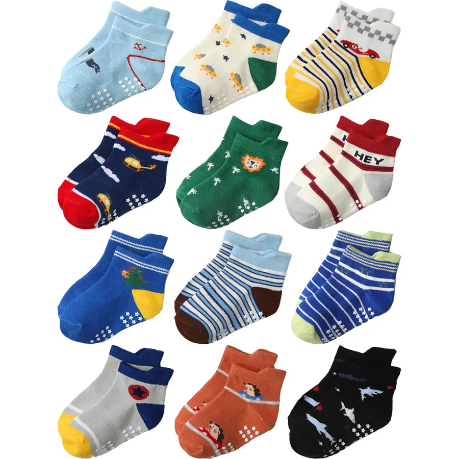 Aroveea Toddler Socks Cotton Non Slip Grip Ankle Baby 12 Pack for Kids Boys
