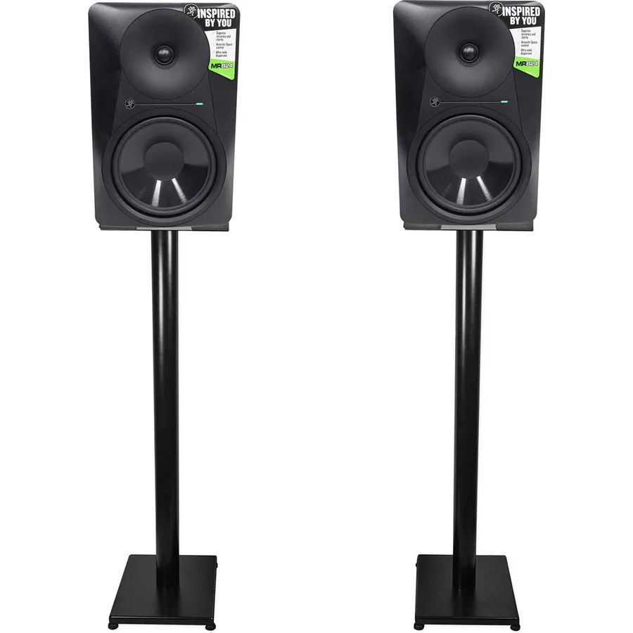 Audiosavings Bundle: (2) MR824 8 85W Powered Studio Monitors Bundle with (1) Pair Rockville RS37B 37" Steel Bookshelf/Studio Monitor Stands - Black (4 Items)