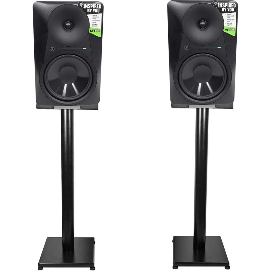 Audiosavings Bundle: (2) MR824 8 85W Powered Studio Monitors Bundle with (1) Pair Rockville RS29B 29" Steel Bookshelf/Studio Monitor Stands - Black (4 Items)