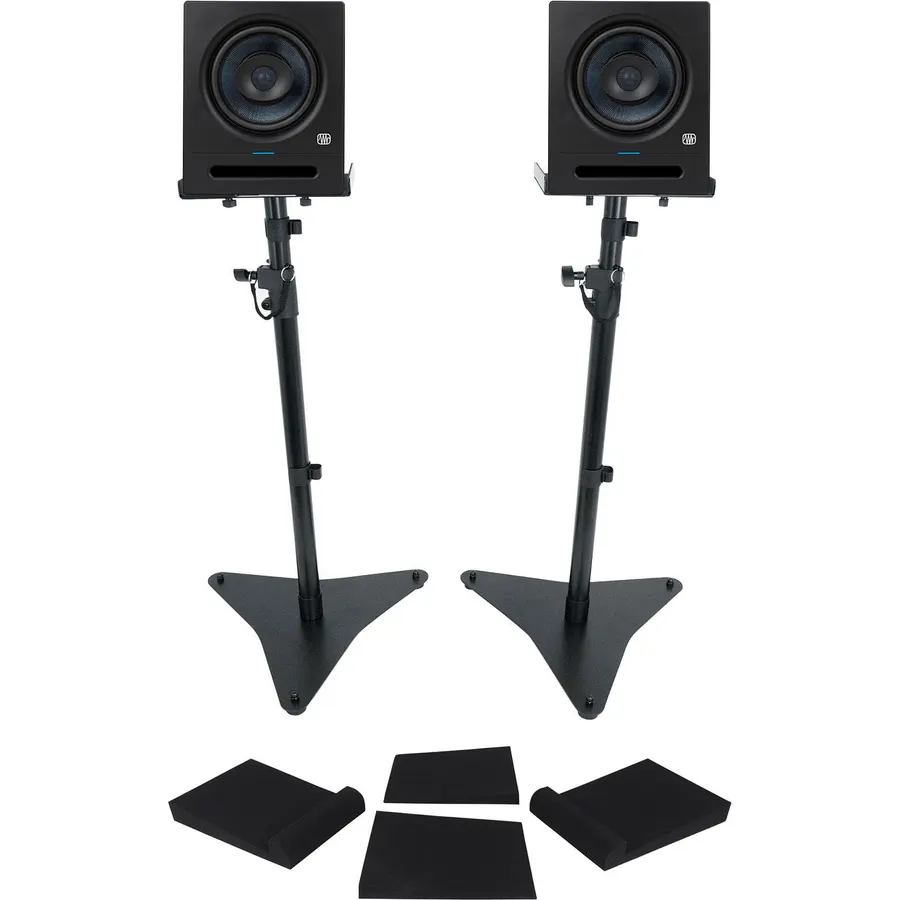Audiosavings Bundle: (2) Presonus Eris Pro 8" Active Coaxial 2-Way Studio Speaker Bundle with (1) Pair Rockville RRS263M Monitor Isolation Pads & (1) Rockville RVSM5 Bookshelf Speaker Stands (5 Items)