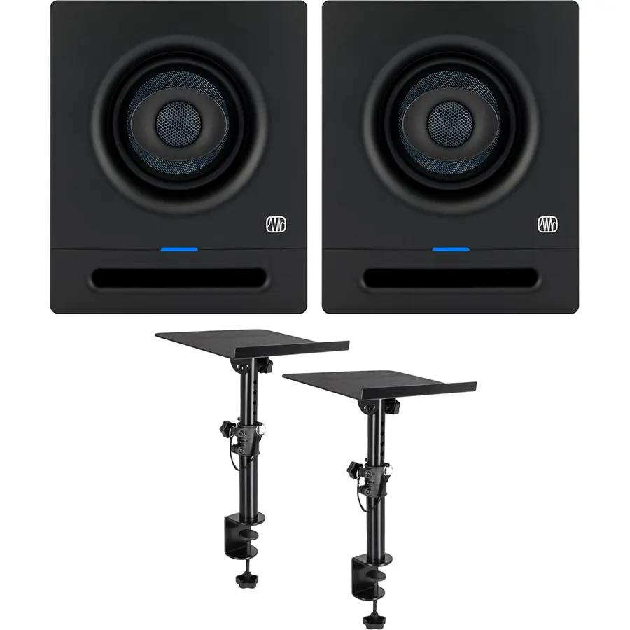 Audiosavings Bundle: (2) Eris Pro 4 Powered 4" Coaxial 2-Way Powered Studio Monitor Speakers Bundle with Pair of Rockville DMS75 Studio Monitor Speaker Stands (3 Items)