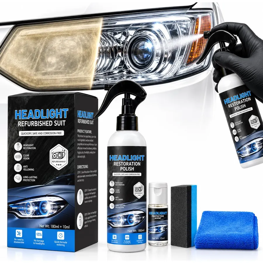 Car Headlight Restoration Kit - 180 ml Main Bottle, Coating Liquid & Tools