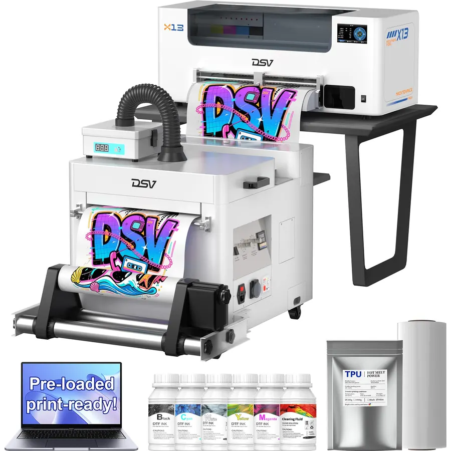DSV 14'' A3 DTF Printer with i3200 Industrial Printhead, Shaker,Purifier & PC – Complete Commercial DTF System, 4X Speed vs L1800,24/7 Auto-Maintenance & White Ink Circulation, 2-Year Ink Include