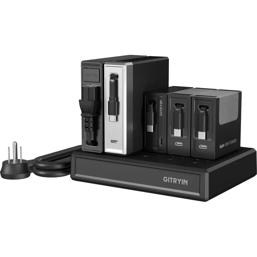 Gitryin 10-in-1 Airflow Cooling Power Strip with 1 140W, 1 65W and 2 40W GaN Retractable USB-C Chargers Plus C13 AC Power Cord, Mixed-Power Laptop and Desktop Charging Station, Black