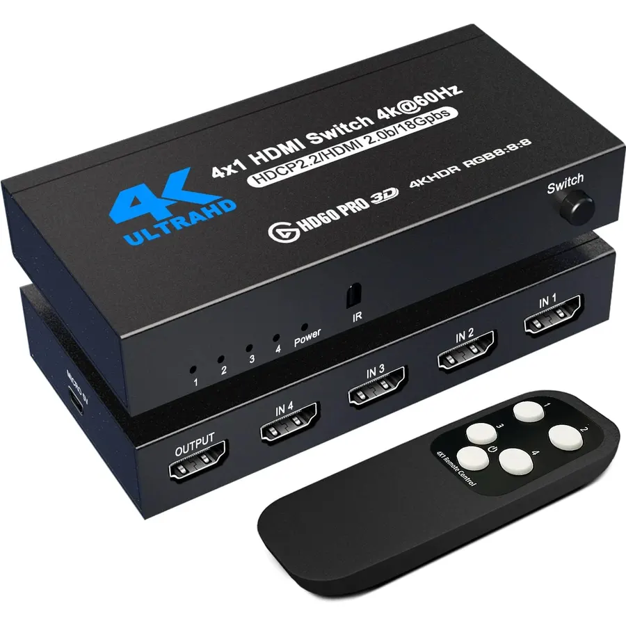HDMI Splitter 4 in 1 Out, NerdEthos HDMI Switch with Remote LED Indicators, 4 Port Switcher Box Supports 4K@60Hz HDR10 HDCP 2.2 3D Dolby DST, for PS4 Xbox Fire Stick PC and More