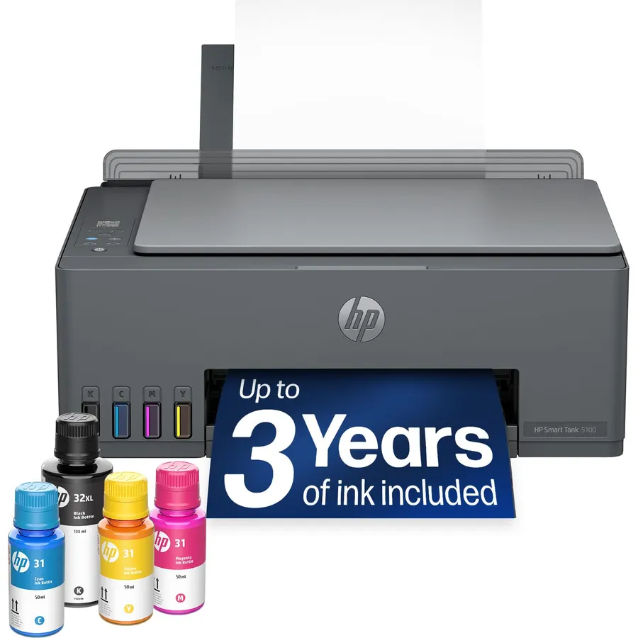 HP Smart Tank 5100 Wireless All-in-One Refillable Printer, Scanner, Copier with up to 3 Years of Ink Included, Best-for-Home, Cartridge-Free, AI-Capable (D06BLA)