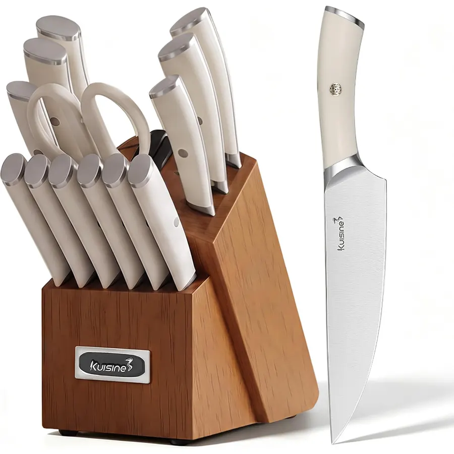 KUISINE Upgraded Chef Knife Set,High Carbon Stainless Steel Ultra Sharp Blade Ergonomic Handle,Kitchen Knife Block Set with Built-in Sharpener,Elegant Gift for Holiday(Silver Black,15PCS)