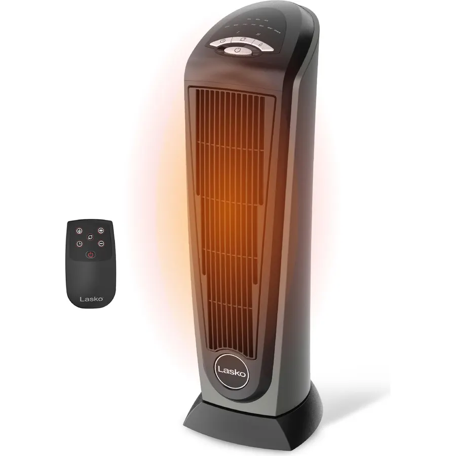 Lasko 23 Inch Ceramic Tower Space Heater with Remote Control, Silver, 751320
