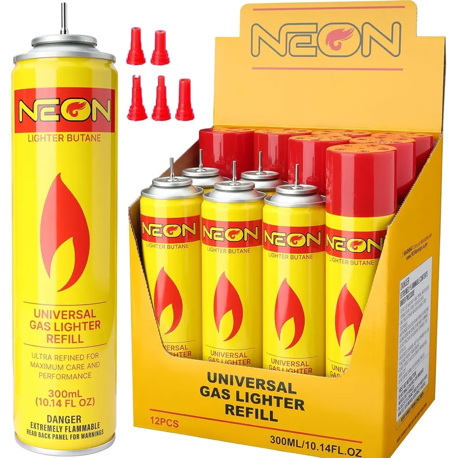 NEON Butane Fuel Refill, 300ml Ultra Refined Lighter Fluid, Premium 99.999% Pure Butane Gas with Metal Nozzle for Torch Lighter, Kitchen Torches, Refillable Lighters (6)