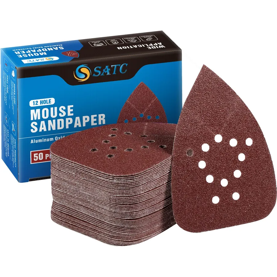 S SATC Mouse Detail Sander Sandpaper 50 PCS Mouse Sanding Pads 12 Hole Mouse Sandpaper Assorted 60/80/120/150/220 Grits
